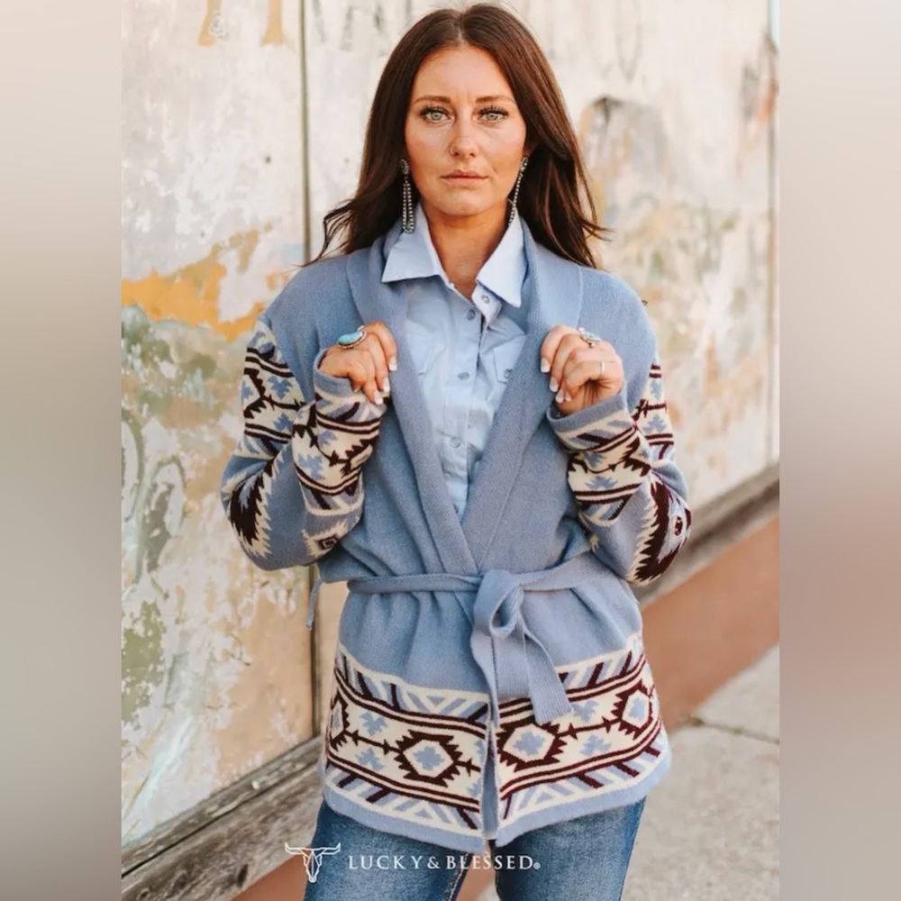 Lucky & Blessed Aztec Blue and Brown Cardigan